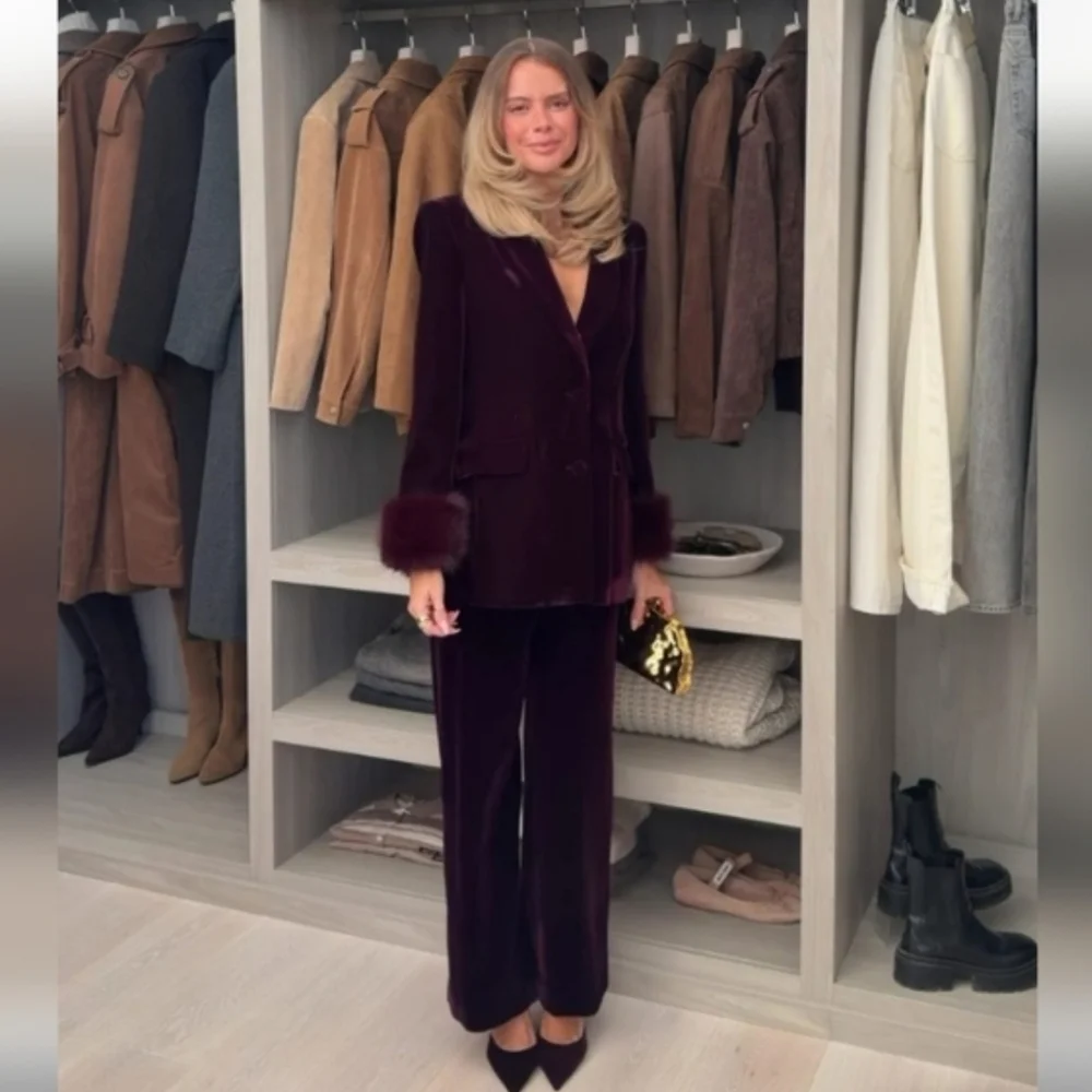 Zara Set 2 Pc Velvet Blazer With Faux Fur Cuffs and Wide Pants Size M